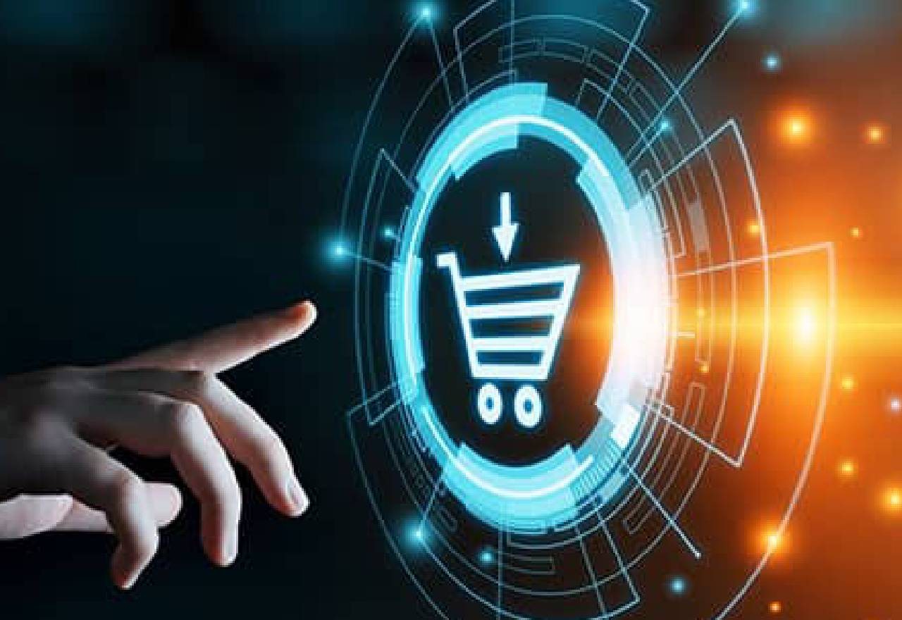A hand tapping a glowing shopping cart icon